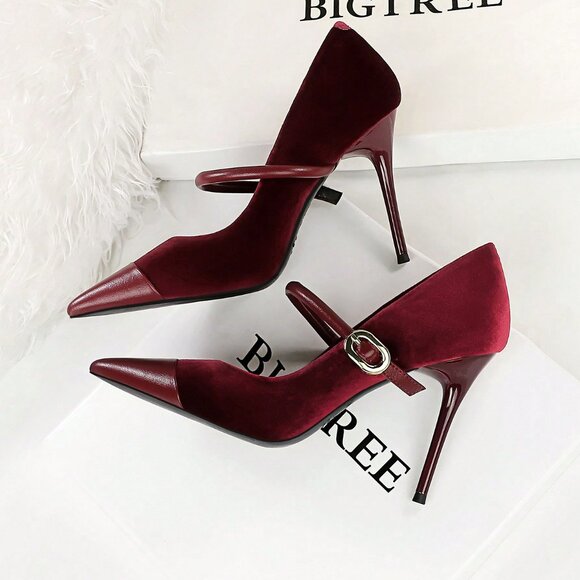 Burgundy Women's Sexy Party High Heels with Thin Heels and Buckle Detail - Picture 2 of 6